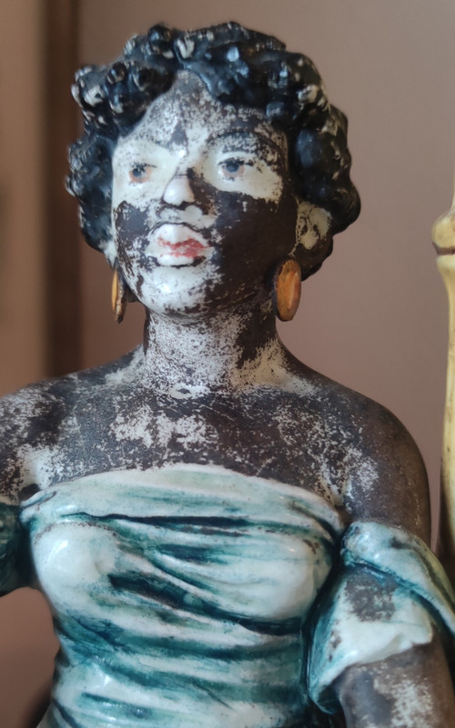Old Ceramic Barbotine Soliflores Nubian Woman Statue Polychrome Decor