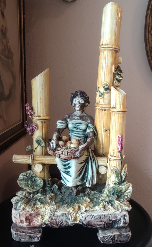 Old Ceramic Barbotine Soliflores Nubian Woman Statue Polychrome Decor