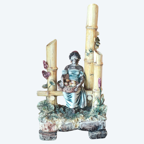 Old Ceramic Barbotine Soliflores Nubian Woman Statue Polychrome Decor