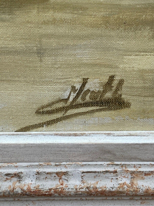 Oil on canvas by Meutt 1940 harbor scene characters patinated frame