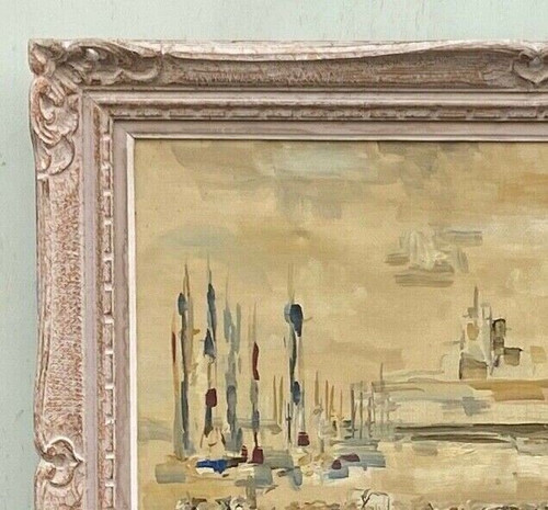 Oil on canvas by Meutt 1940 harbor scene characters patinated frame