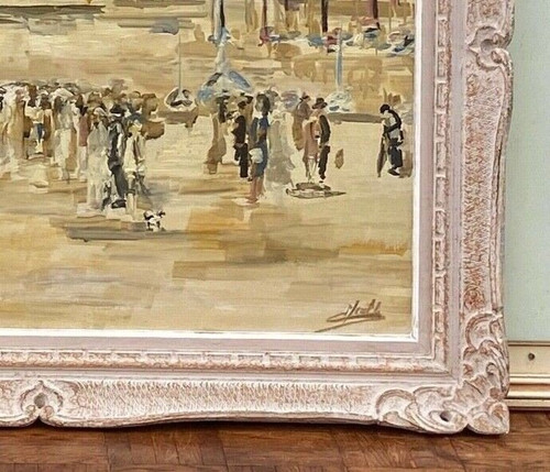 Oil on canvas by Meutt 1940 harbor scene characters patinated frame