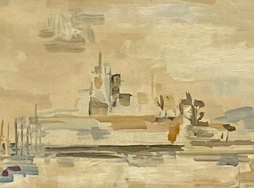 Oil on canvas by Meutt 1940 harbor scene characters patinated frame