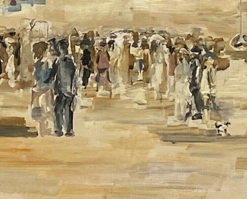 Oil on canvas by Meutt 1940 harbor scene characters patinated frame