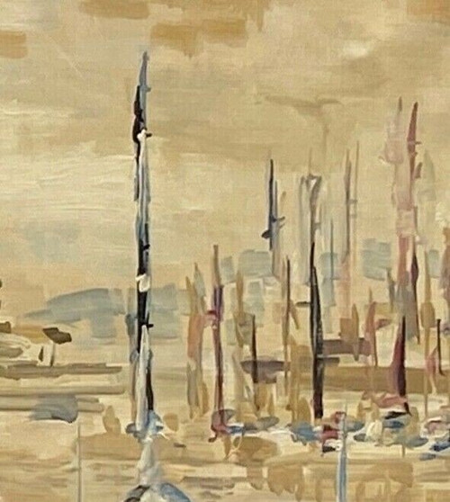 Oil on canvas by Meutt 1940 harbor scene characters patinated frame
