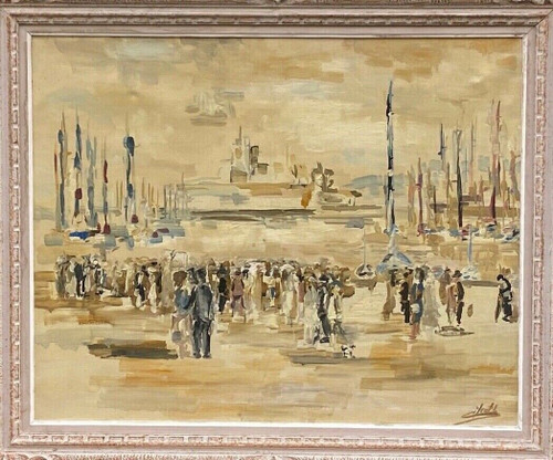 Oil on canvas by Meutt 1940 harbor scene characters patinated frame