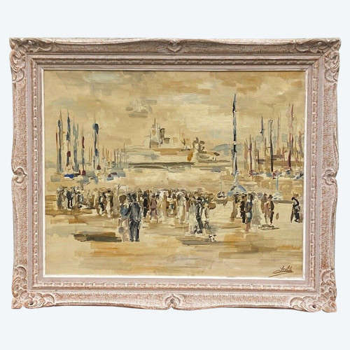 Oil on canvas by Meutt 1940 harbor scene characters patinated frame