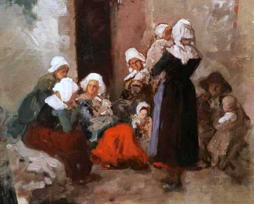Scuola FRANCESE del XIX secolo, donne bretoni in copricapo e i loro figli