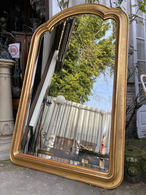 Miroir De Cheminée Doré XIXème , glace biseautée, chapeau de gendarme…