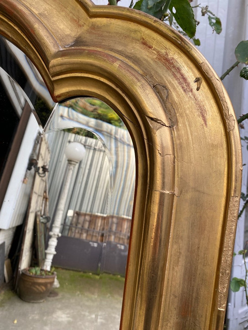 Miroir De Cheminée Doré XIXème , glace biseautée, chapeau de gendarme…
