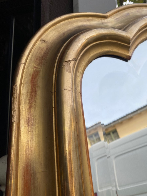 Miroir De Cheminée Doré XIXème , glace biseautée, chapeau de gendarme…