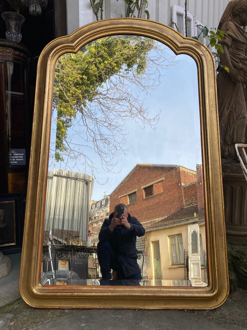 Miroir De Cheminée Doré XIXème , glace biseautée, chapeau de gendarme…