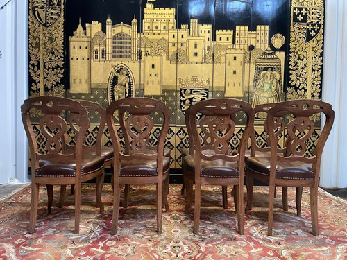 Set of 8 Italian Louis Philippe chairs from the Napoleon III period in leather