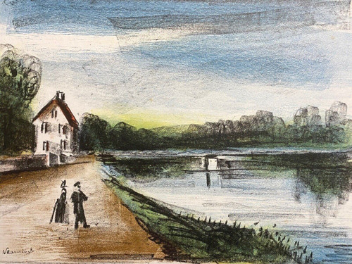 Lithographie originale épreuve signée Maurice Vlaminck bord de rivière