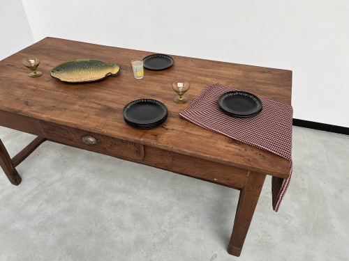 Antique work table in solid cherry and acacia