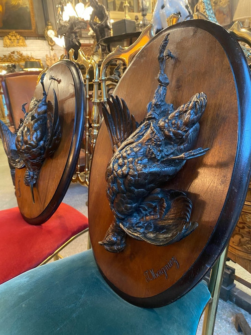 Coppia di trofei di caccia in bronzo del XIX secolo firmati Jules Moigniez (1835-1894) Beccaccia, selvaggina