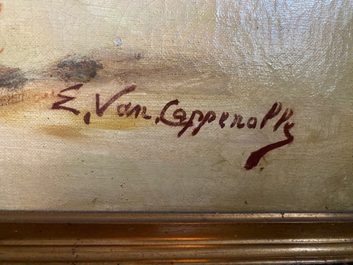 Großes Gemälde Ende des 19. Jahrhunderts , Hahnenkampf Signiert Edmond Van Coppenolle (1843/46 - 1915) ,Hauts de France
