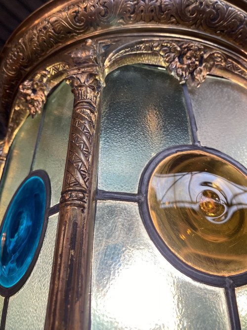 Large Bronze and Stained Glass Lantern, Louis XVI Style, Napoleon III Period