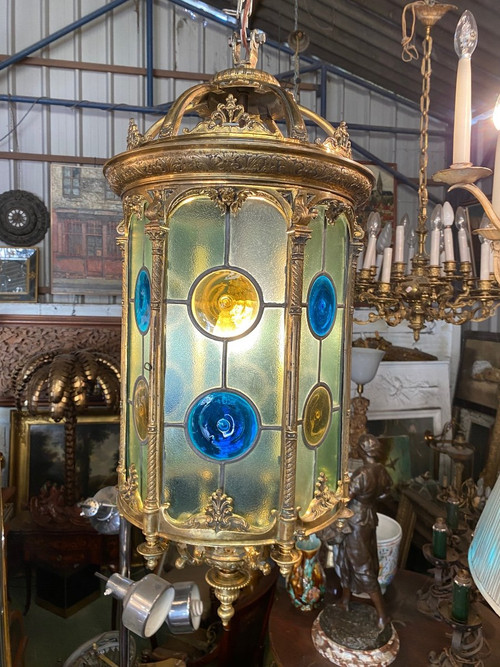Large Bronze and Stained Glass Lantern, Louis XVI Style, Napoleon III Period