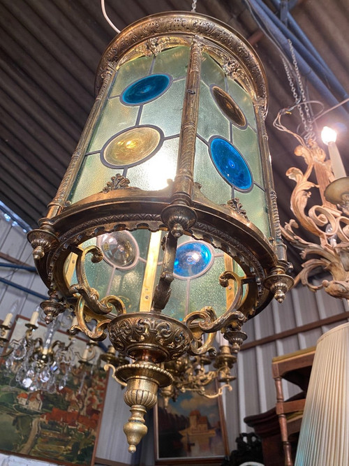 Large Bronze and Stained Glass Lantern, Louis XVI Style, Napoleon III Period