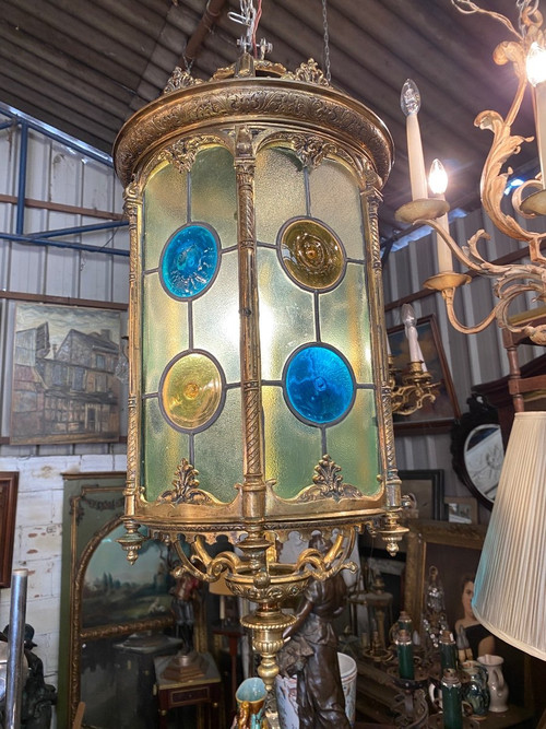 Large Bronze and Stained Glass Lantern, Louis XVI Style, Napoleon III Period
