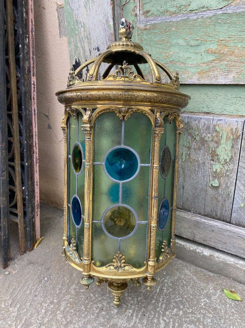 Large Bronze and Stained Glass Lantern, Louis XVI Style, Napoleon III Period