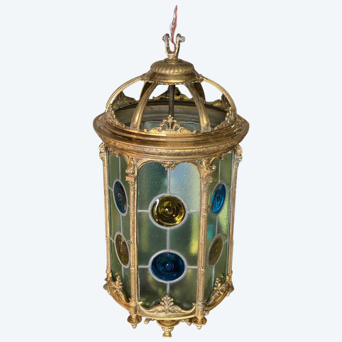 Large Bronze and Stained Glass Lantern, Louis XVI Style, Napoleon III Period