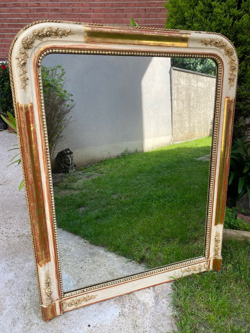 Miroir De Cheminée XIXème Doré Et Patiné , Glace Au Mercure