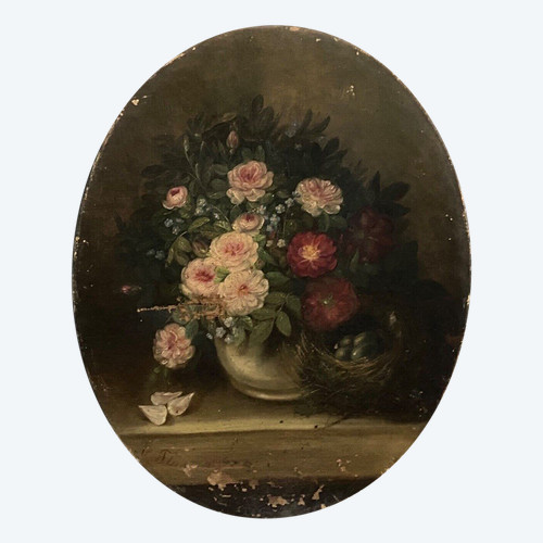 Oil on canvas by A. Flun bouquet of flowers still life with vase 19th century