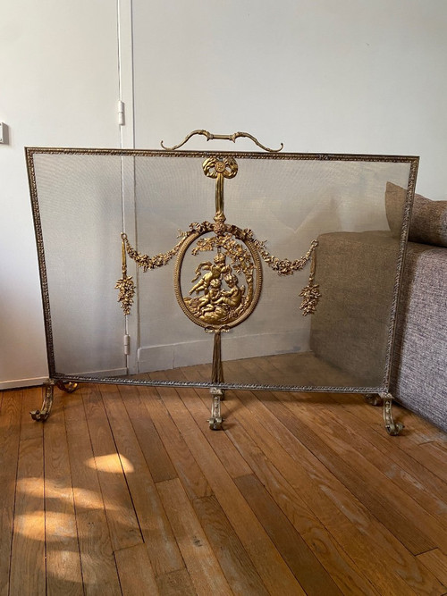 Large Louis XVI Style Bronze Fire Screen from the 19th Century for a Large Fireplace