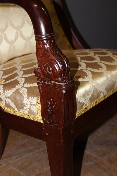 Pair of Mahogany Gondola Armchairs with Dolphins