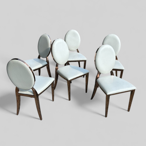 Set of Six Medallion Back Chairs in Brass and White Leatherette Circa 1980
