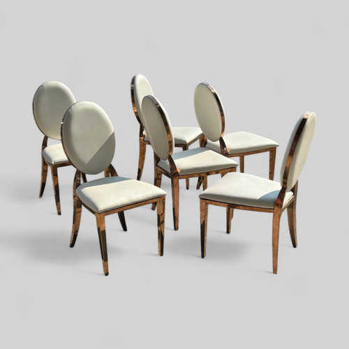 Set of Six Medallion Back Chairs in Brass and White Leatherette Circa 1980