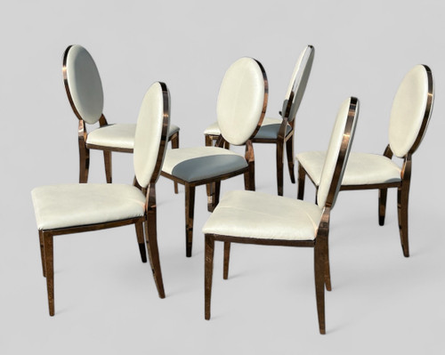 Set of Six Medallion Back Chairs in Brass and White Leatherette Circa 1980