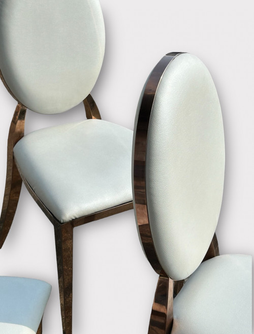 Set of Six Medallion Back Chairs in Brass and White Leatherette Circa 1980