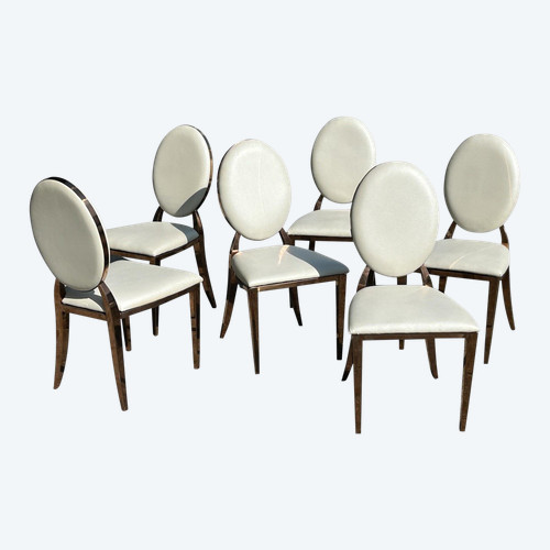 Set of Six Medallion Back Chairs in Brass and White Leatherette Circa 1980