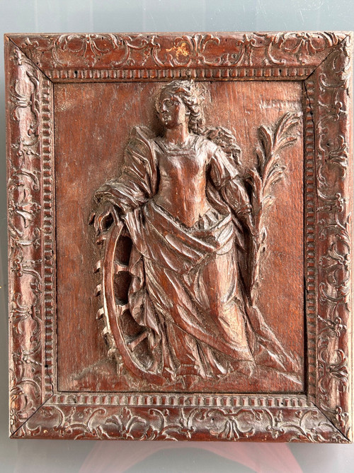 Carved Oak Panel - Catherine of Alexandria - 18th Century Bérain Frame