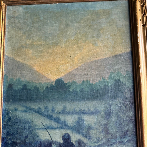 Oil on canvas by Bernard XXe representing a farmer's wife on a path