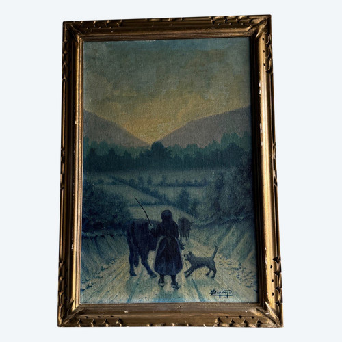 Oil on canvas by Bernard XXe representing a farmer's wife on a path