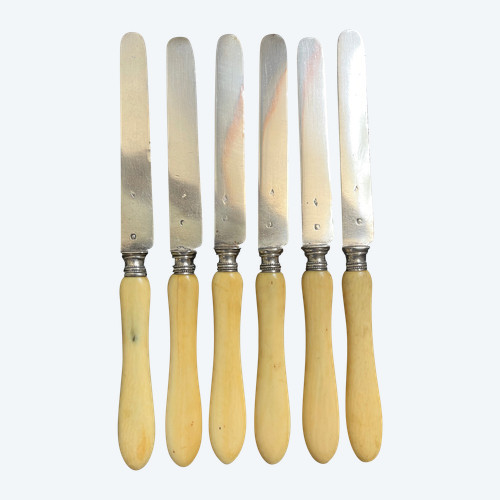 6 coltelli da frutta fine '800 collare con lama in argento 