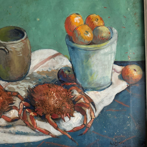 Watercolor on paper by E. Legros 1956 still life with crabs