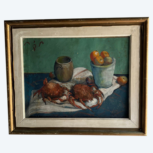 Watercolor on paper by E. Legros 1956 still life with crabs