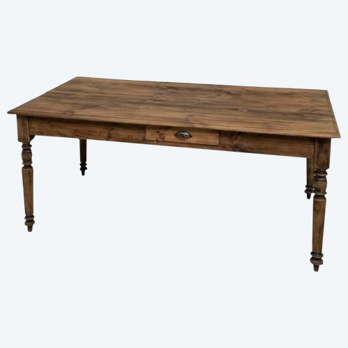 Table de ferme ancienne des années 50, à 3 tiroirs et aux pieds tournés