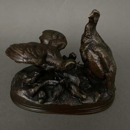 Bronze-Rebhuhn von Jules Moigniez, braune Patina aus dem 19. Jahrhundert