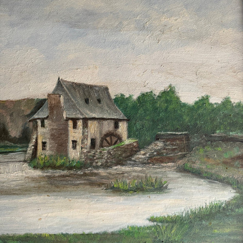 Huile sur carton début XXe moulin à eau cadre baguette