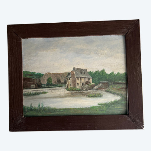 Huile sur carton début XXe moulin à eau cadre baguette