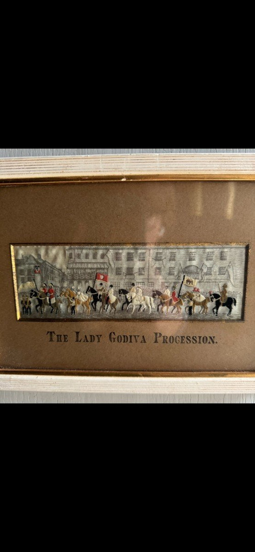 Opera inglese di ricamo del XIX secolo I cavalieri della processione di Lady Godiva