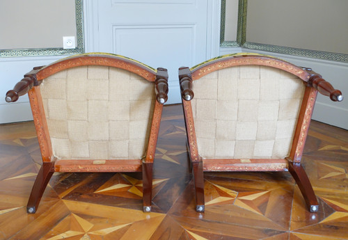 Jacob Desmalter: coppia di poltrone in stile Impero in mogano - timbro ed etichetta del castello
