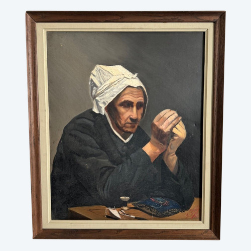 Oil on canvas by M. Dorion 1893 portrait of a Breton woman at work
