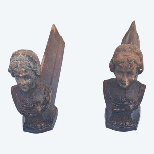 Coppia di alari da camino, busto di donna del XIX secolo
